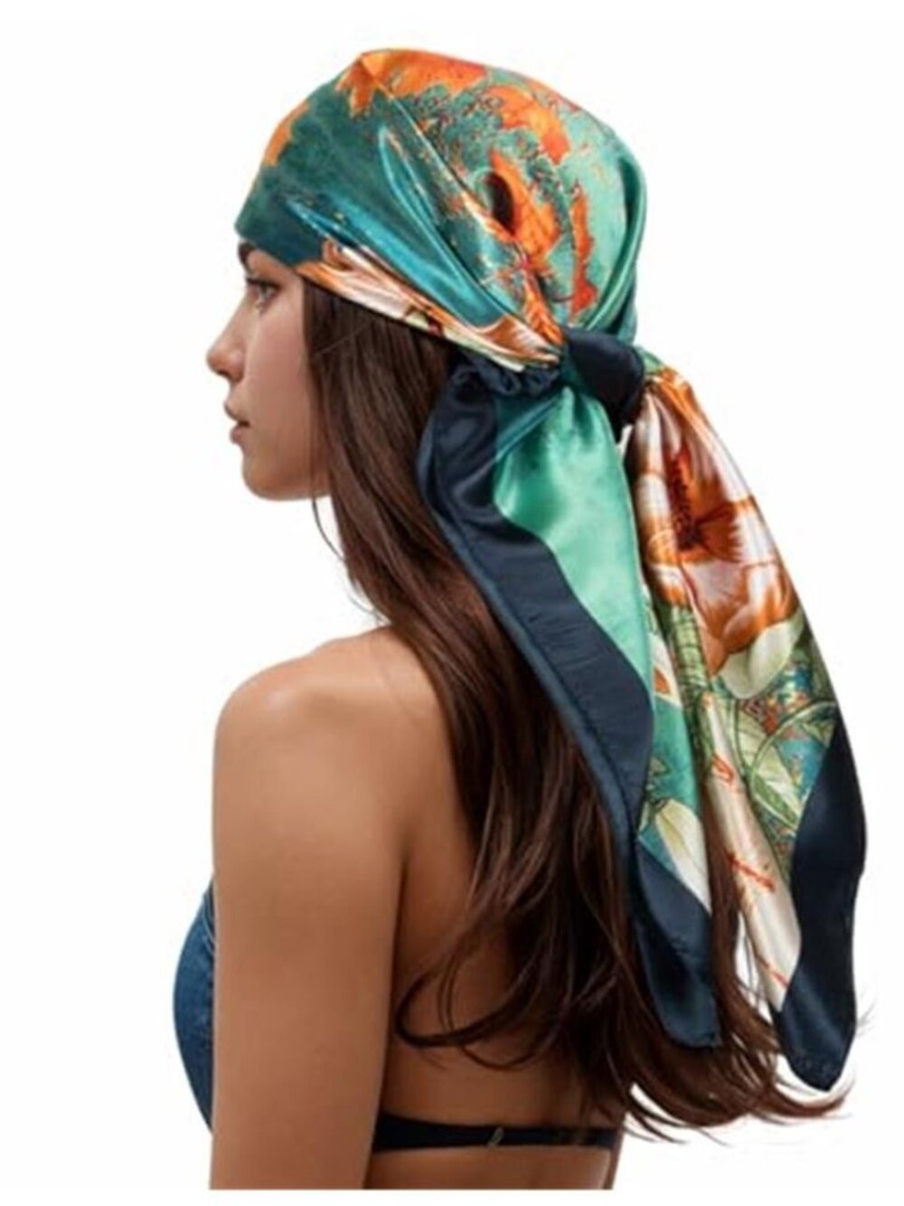 Head Scarf Like Silk Scarf Hair Scarf Printed Square Scarf Light Blue & Orange